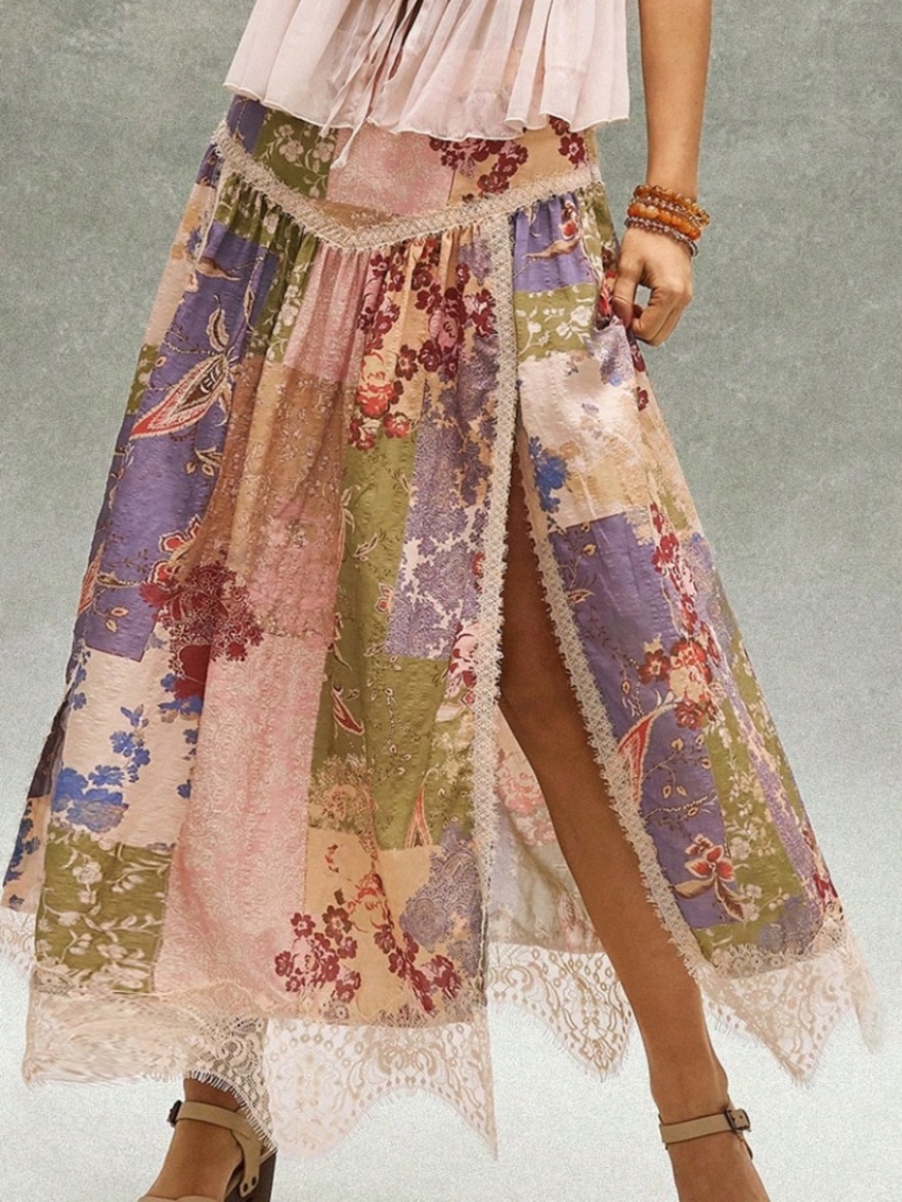 Boho Floral Print Stretchy Waist split Thigh Lace Maxi Skirt - Picture 3 of 5